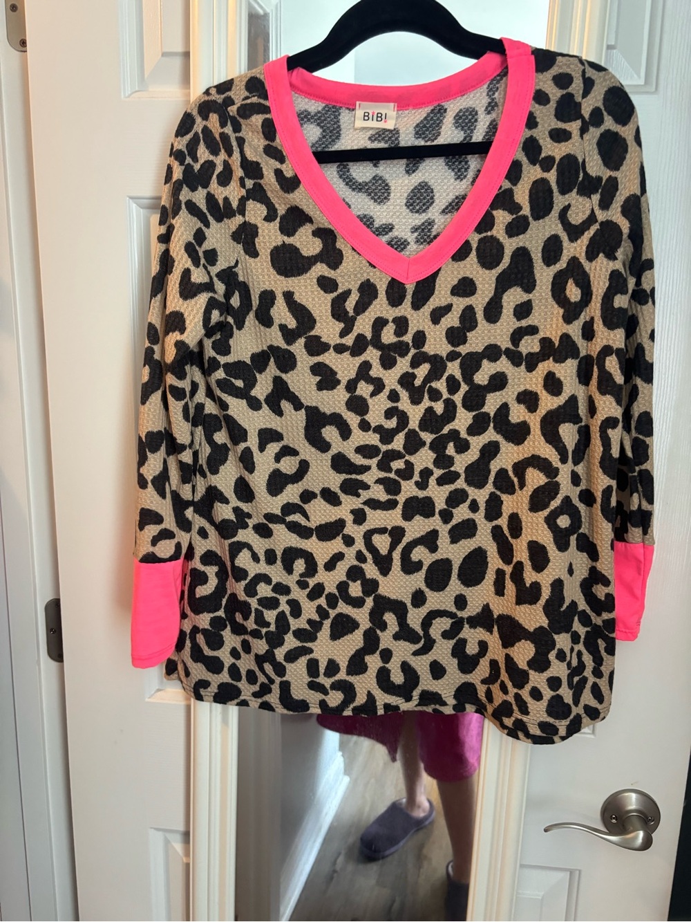 BiBi Leopard Print V-Neck Sweater with Hot Pink Trim